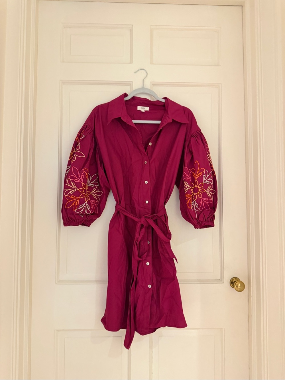 Puff-Sleeve Embroidered Mini Shirt Dress in Magenta